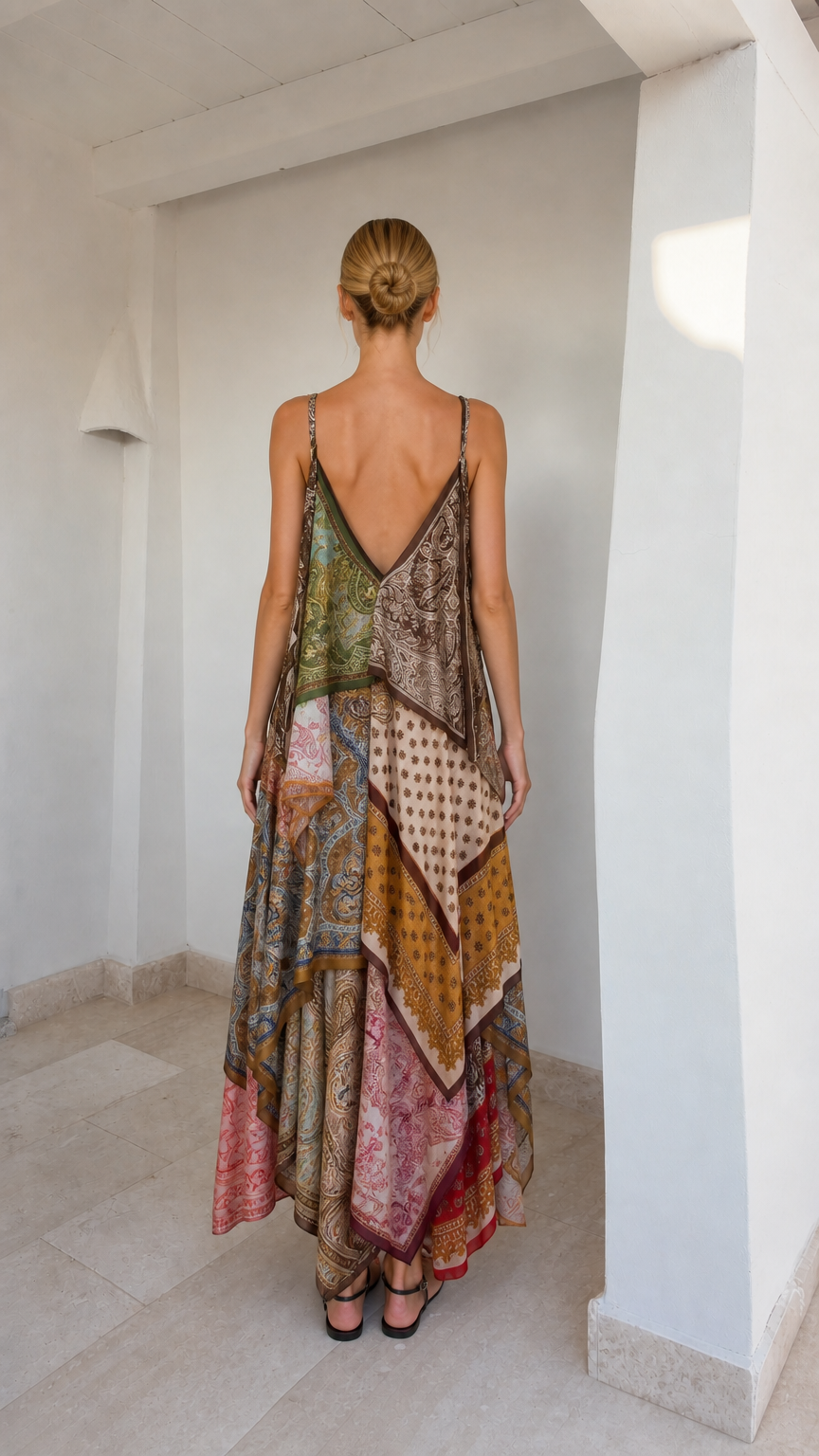 Back view of model showing V-back and handkerchief hem