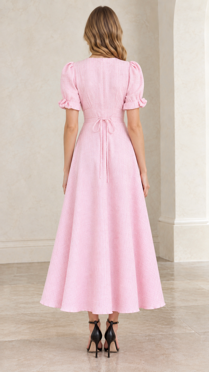 Back view of pastel pink textured dress highlighting tie back waist and zipper