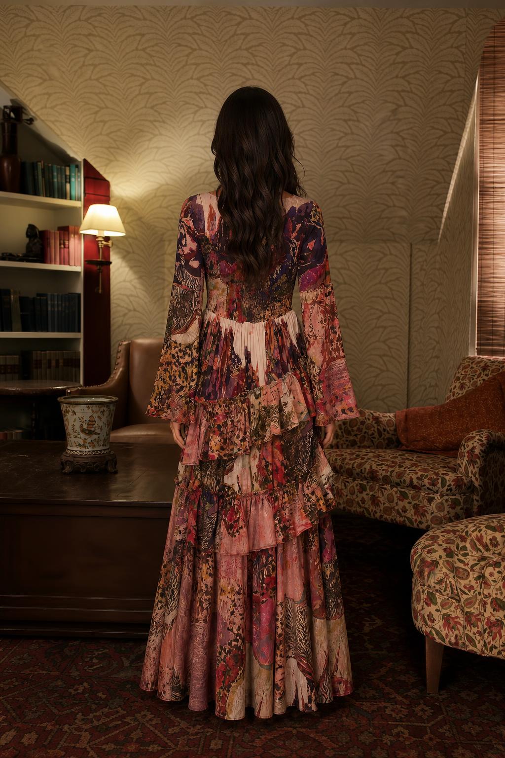Boho Chic Printed Long Sleeve Ruffle Maxi Dress back view in Multi Pink