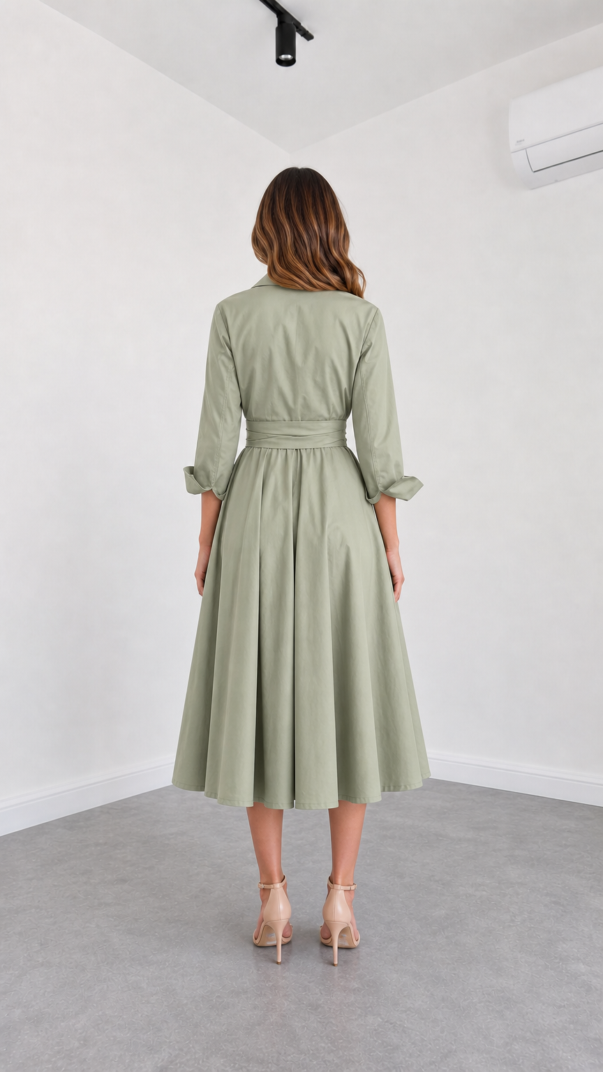 Back view of model wearing Sage Green midi shirt dress