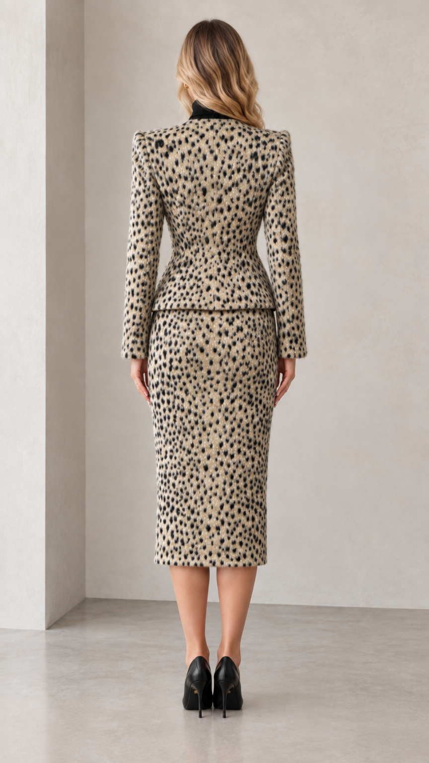 Rear view showing back construction of beige peplum jacket and pencil skirt