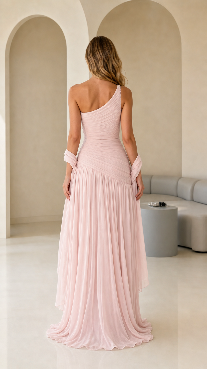 Back view of model wearing blush pink one-shoulder pleated floor-length formal dress