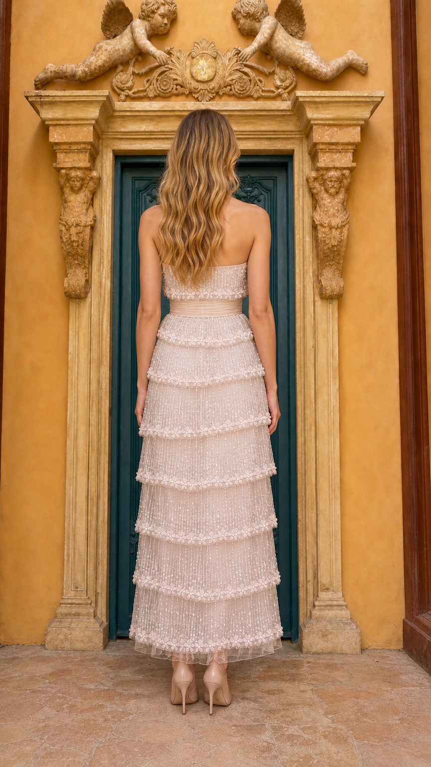 Back view of champagne strapless maxi dress