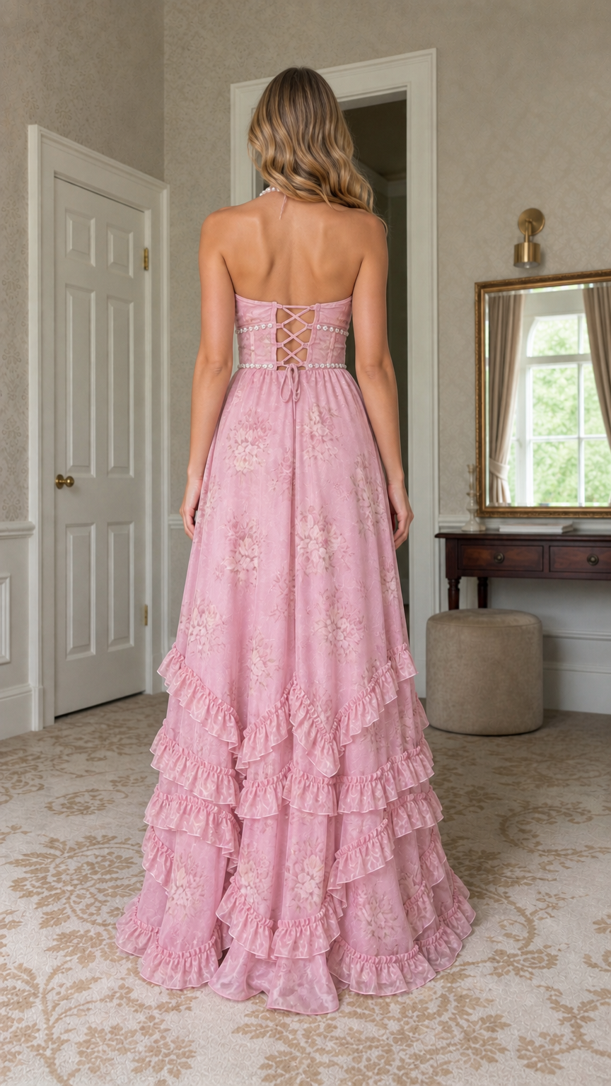 Back view of model showing lace-up corset detail on pink maxi dress