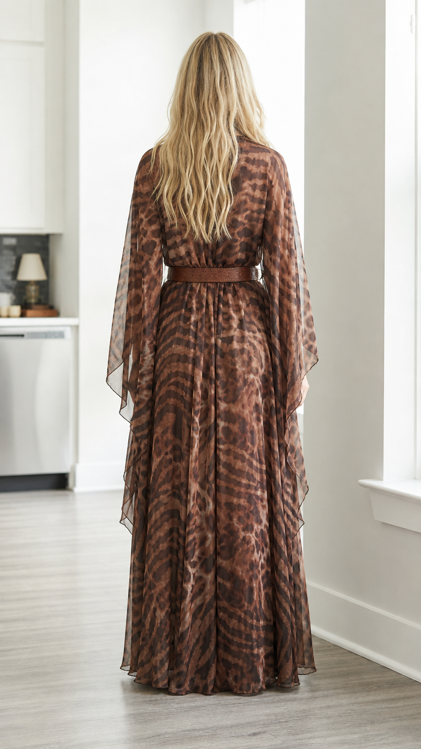 Back view of brown animal print maxi dress showing draped sleeves and long hem