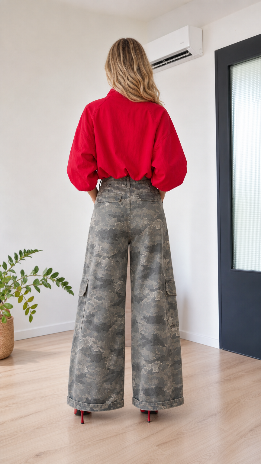 Back view of model wearing grey camouflage wide-leg trousers