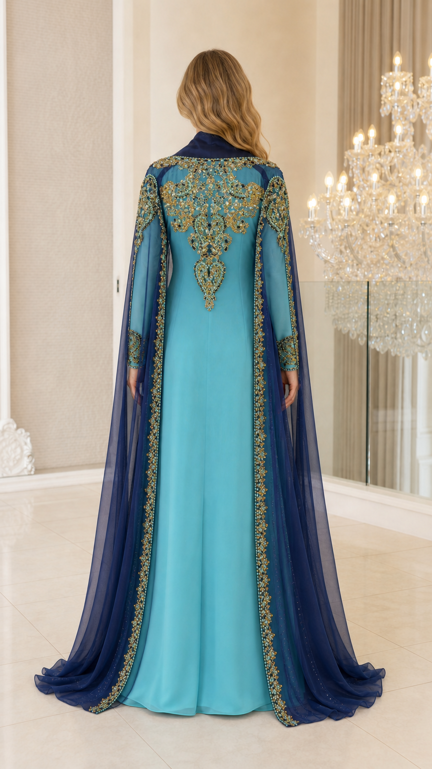 Back view of Sky Blue gown showcasing ornate gold and crystal back embroidery