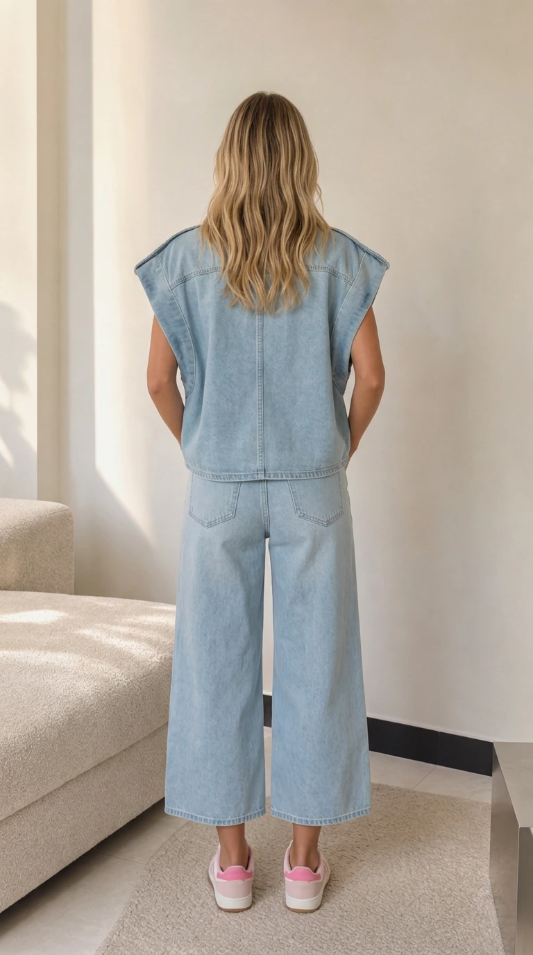 Back view of model showing relaxed fit and back yoke seam of Light Blue denim vest