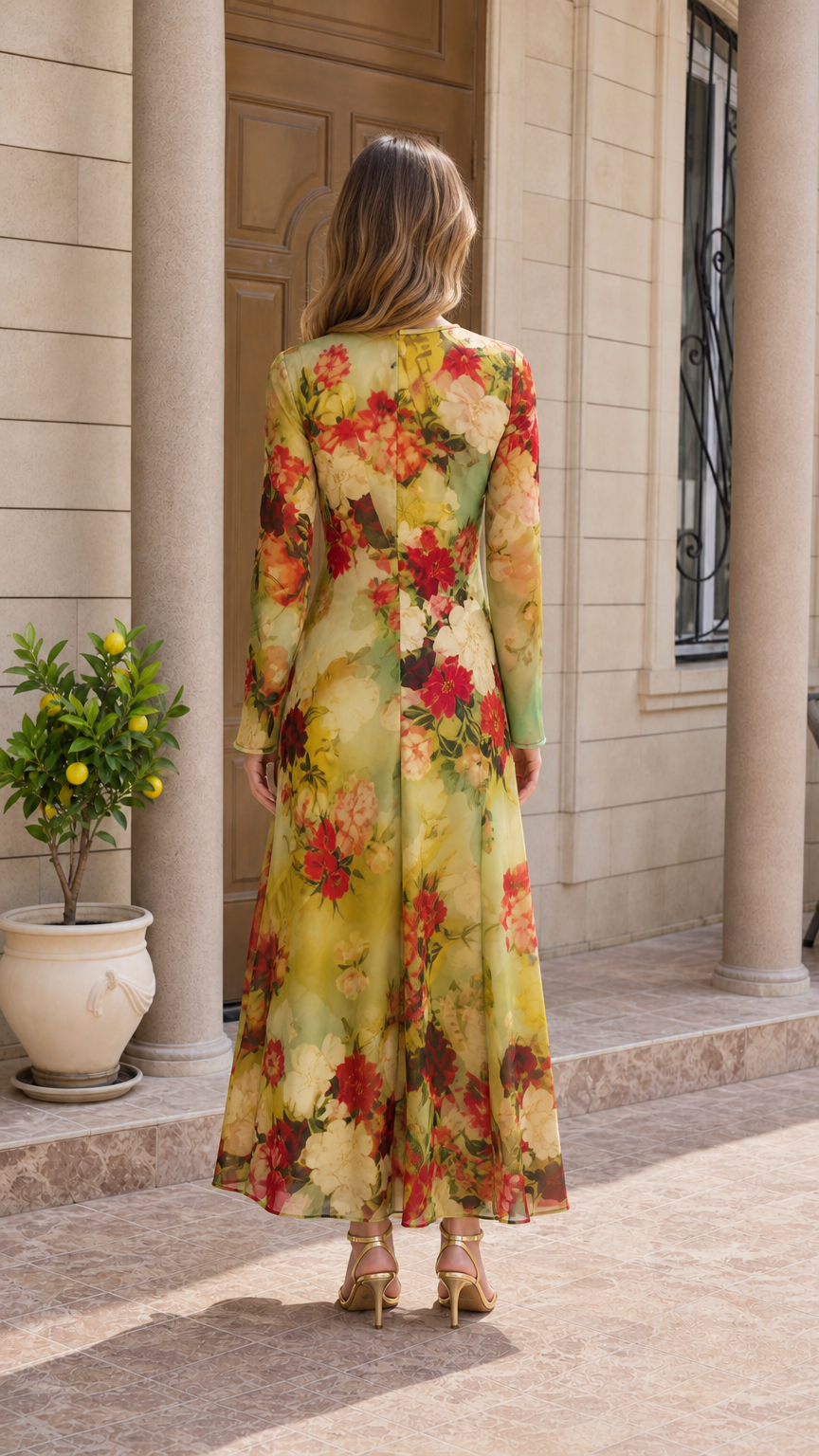 Back view of model wearing olive yellow floral print long sleeve maxi dress