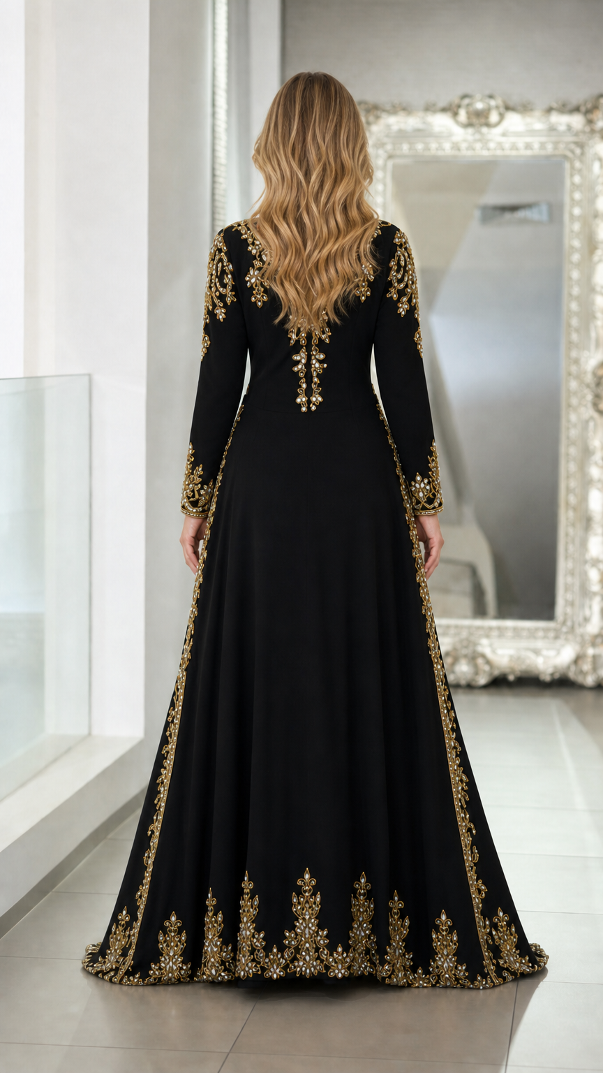 Back view of black floor-length caftan showing embroidered details