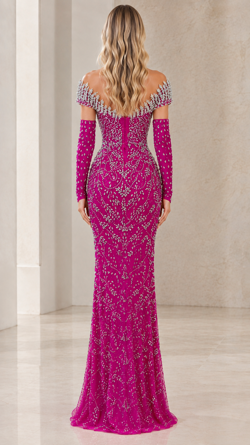 Back view of magenta crystal embellished evening dress