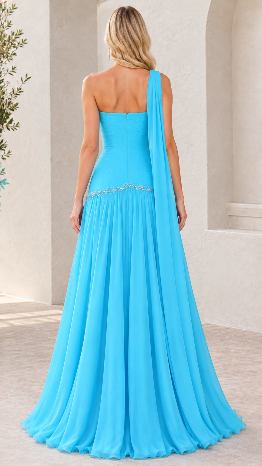 Aqua blue evening gown back view showing draped shoulder sash and zipper closure
