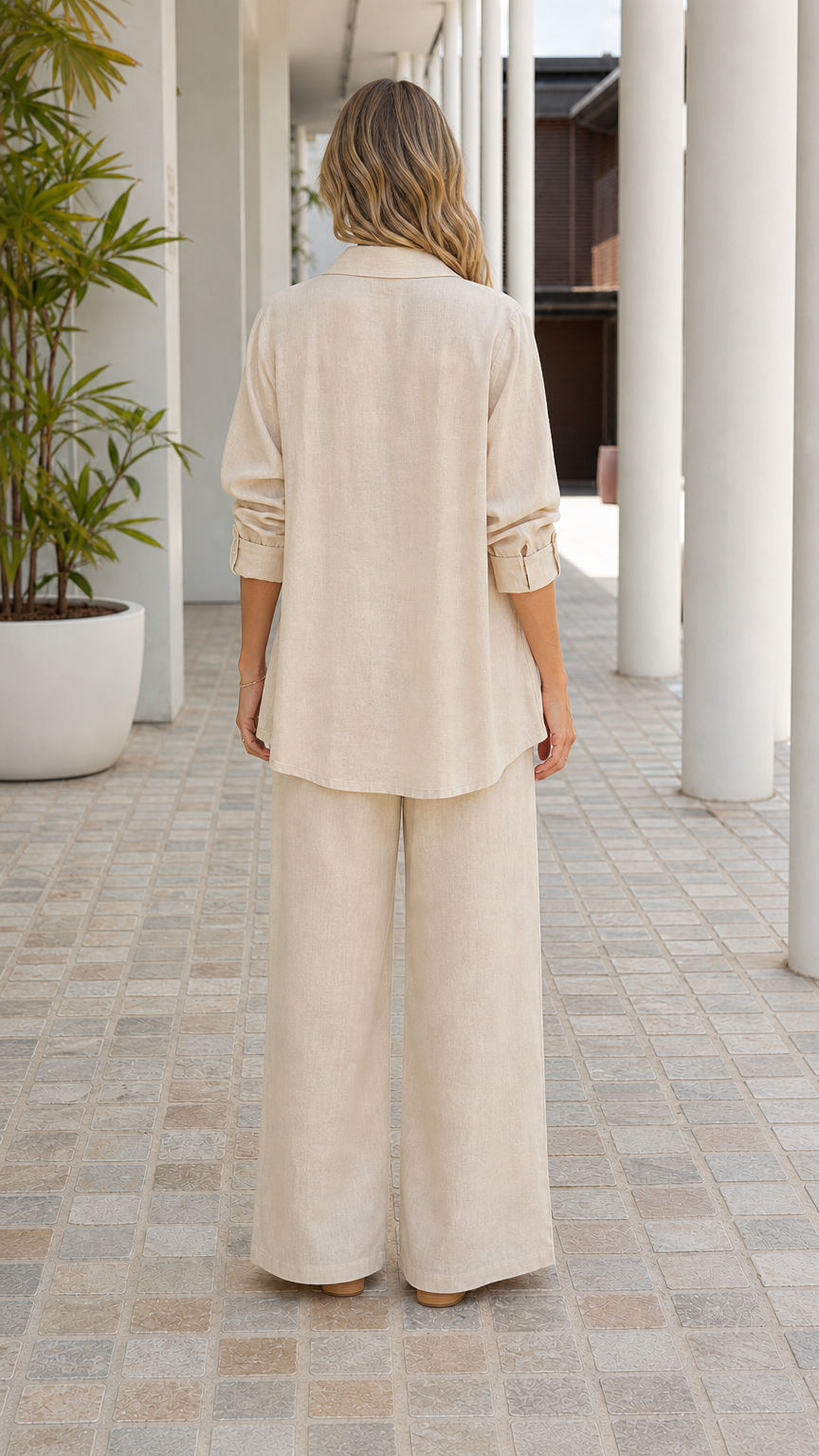 Back view of woman in beige coordinating resort set