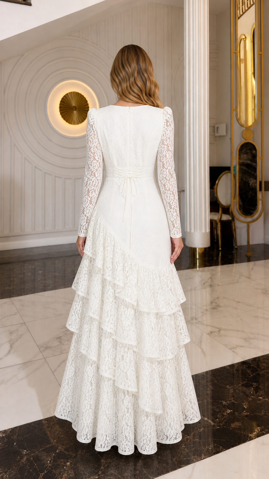 Back view of model wearing ivory long-sleeve lace evening gown