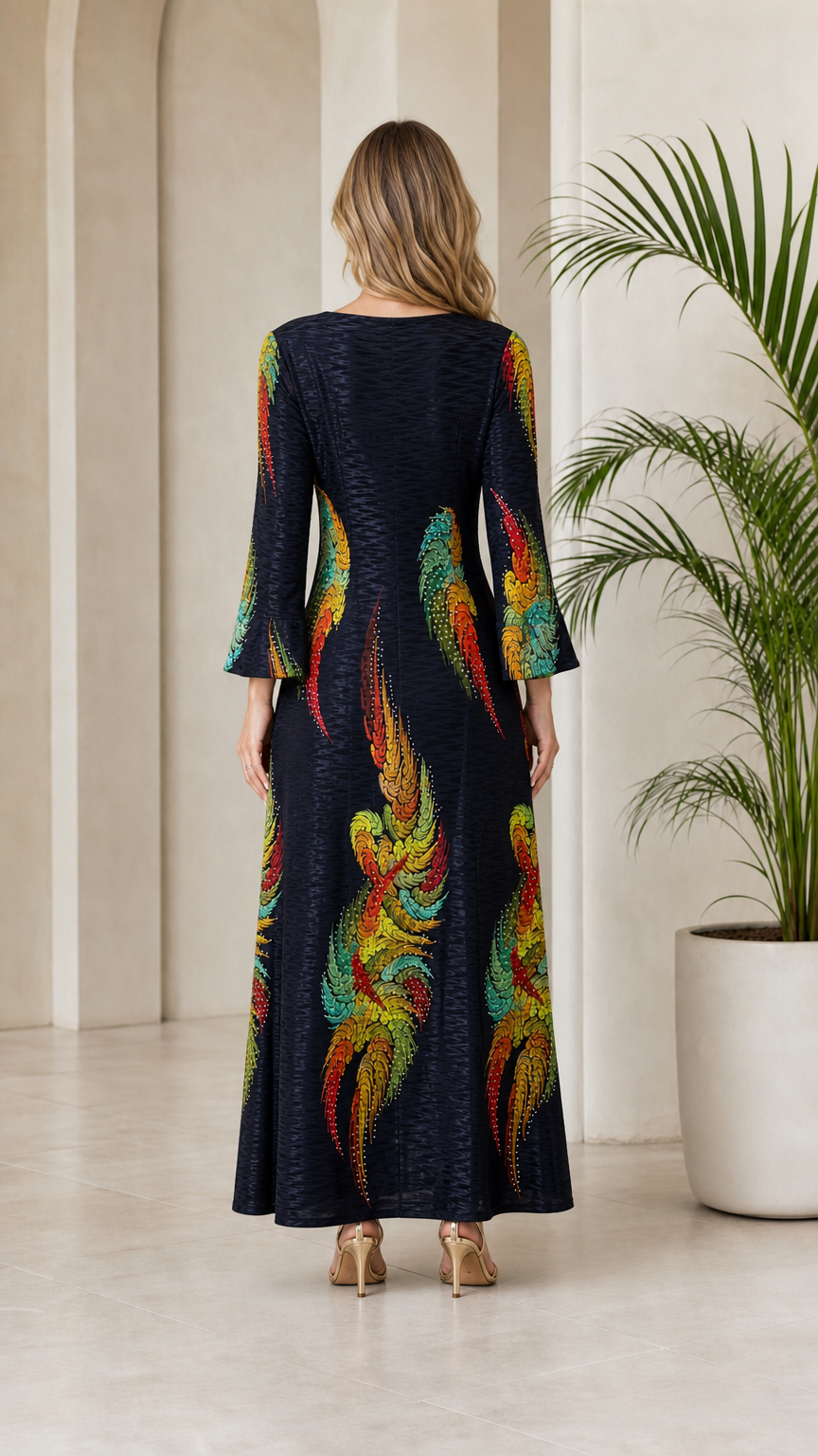 Back view of model in Navy Blue long sleeve maxi dress showing print placement