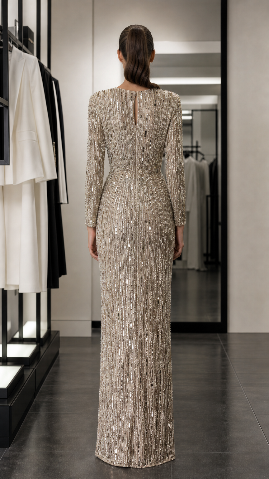 Back view of champagne sequined evening dress