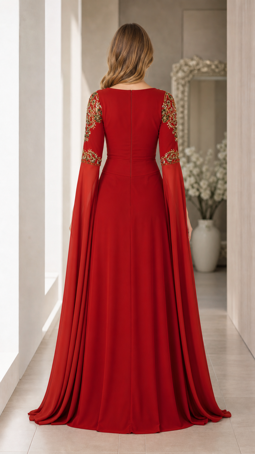 Back view of woman wearing red floor-length kaftan gown showing smooth drape