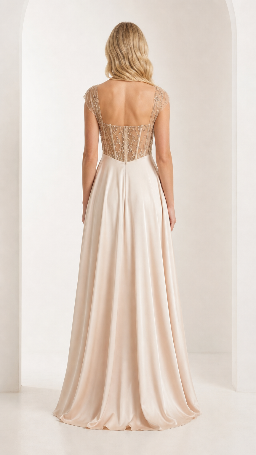 Back view of champagne formal gown