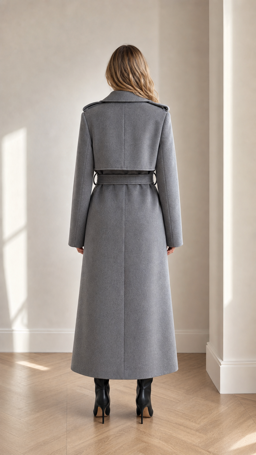Back view of grey maxi trench coat showing shoulder storm flap and belted waist