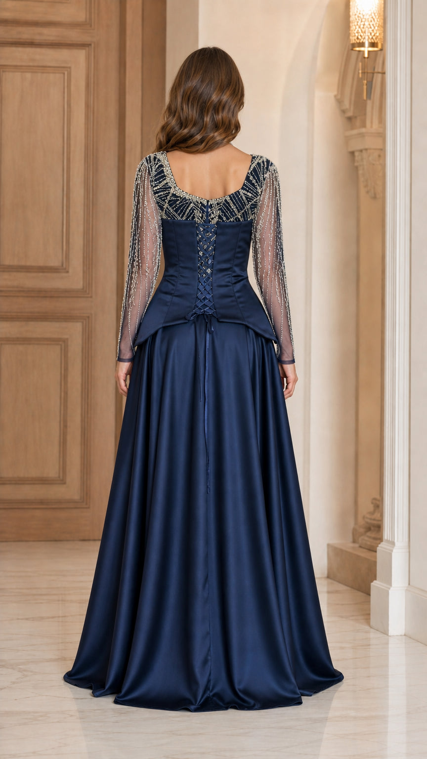 Back view of navy evening gown showing lace-up corset back and satin skirt