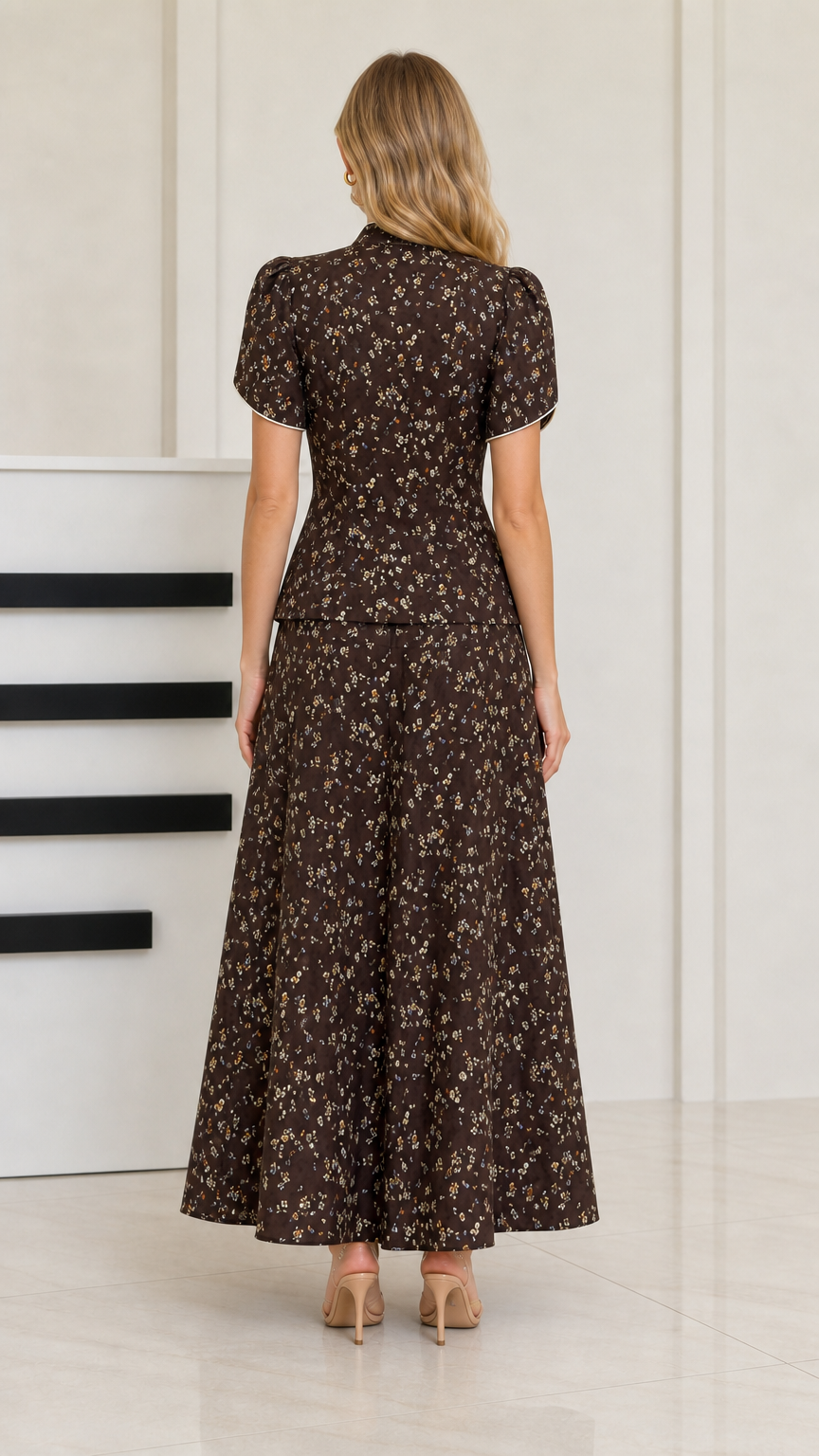 Back view of woman wearing dark brown floral maxi skirt and top set