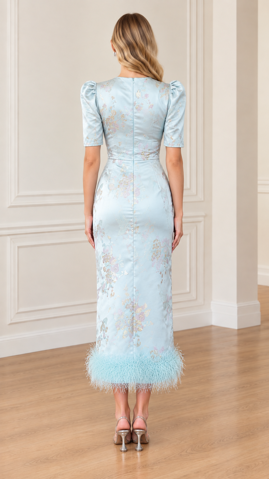 Back view of Light Blue puff sleeve midi dress with concealed zipper