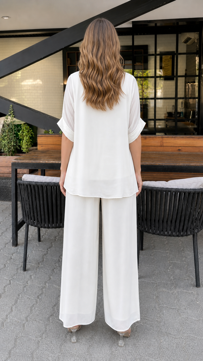 Model wearing white layered tunic set, back view