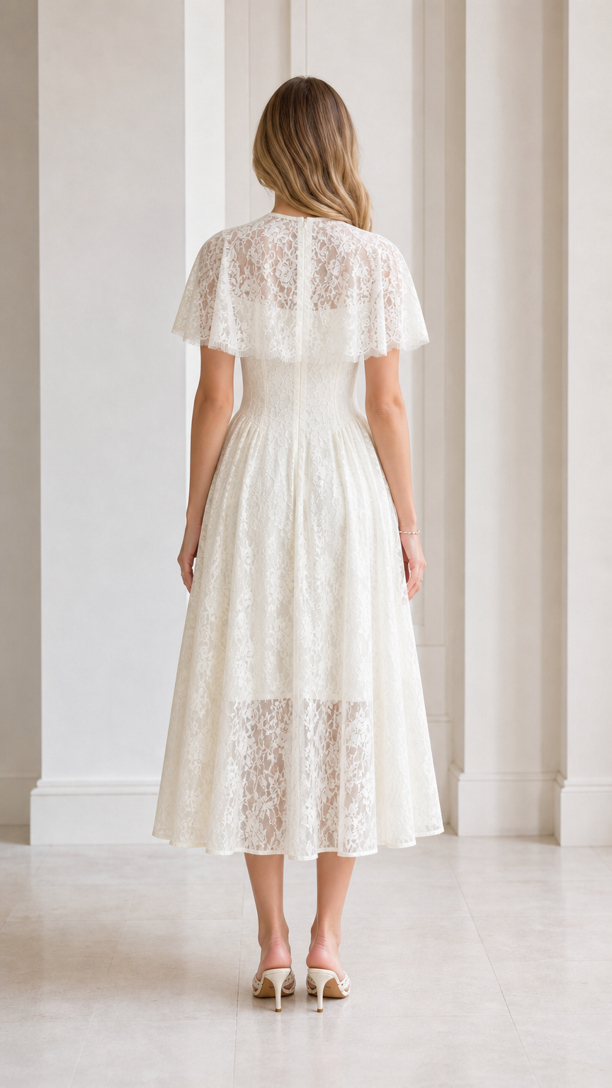 Back view of Ivory Floral Lace Capelet Midi Dress