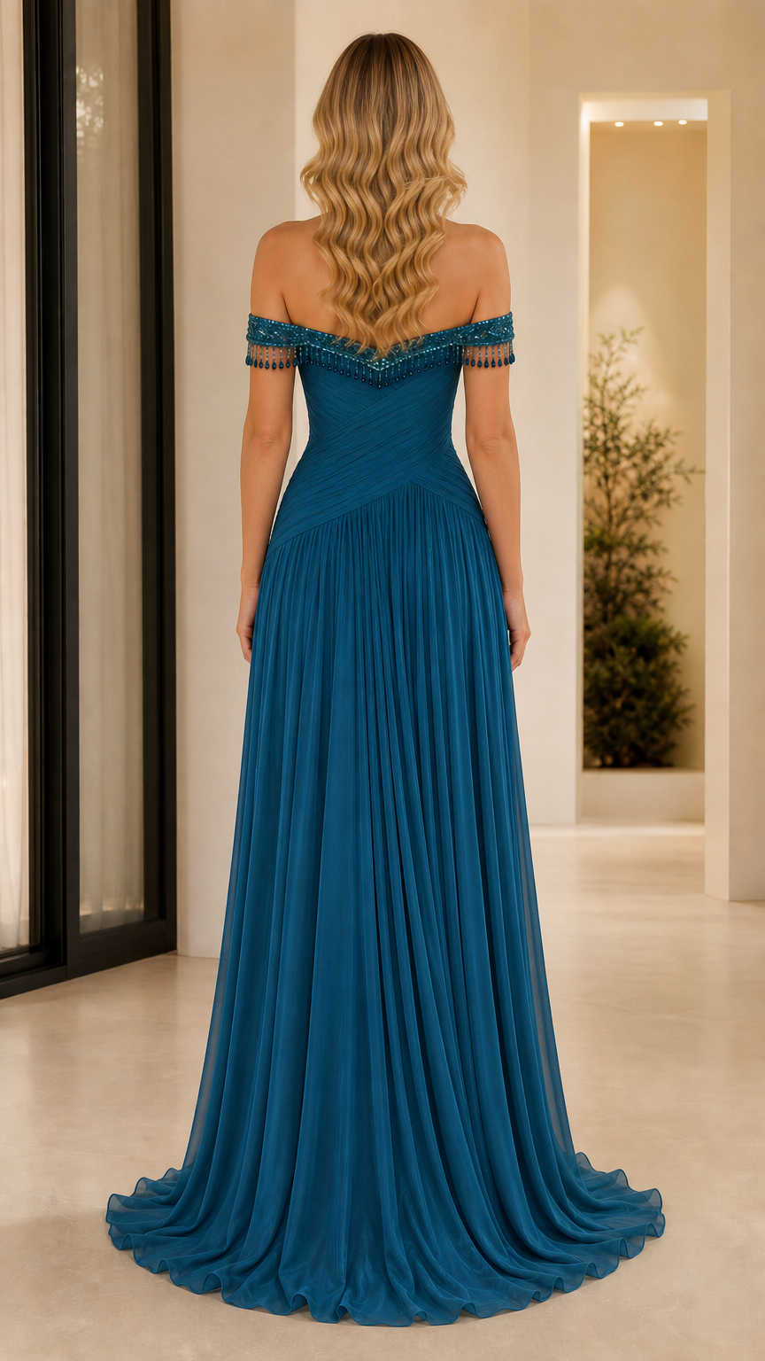 Back view of teal blue pleated chiffon evening dress with sweeping floor length skirt