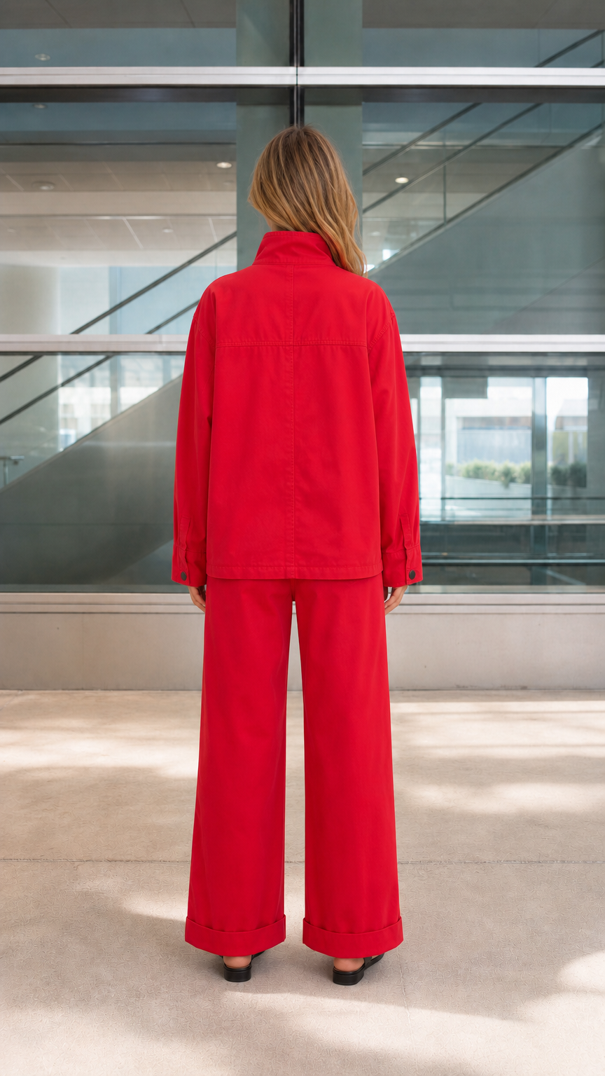Back view of model wearing the red relaxed-fit two-piece pants set