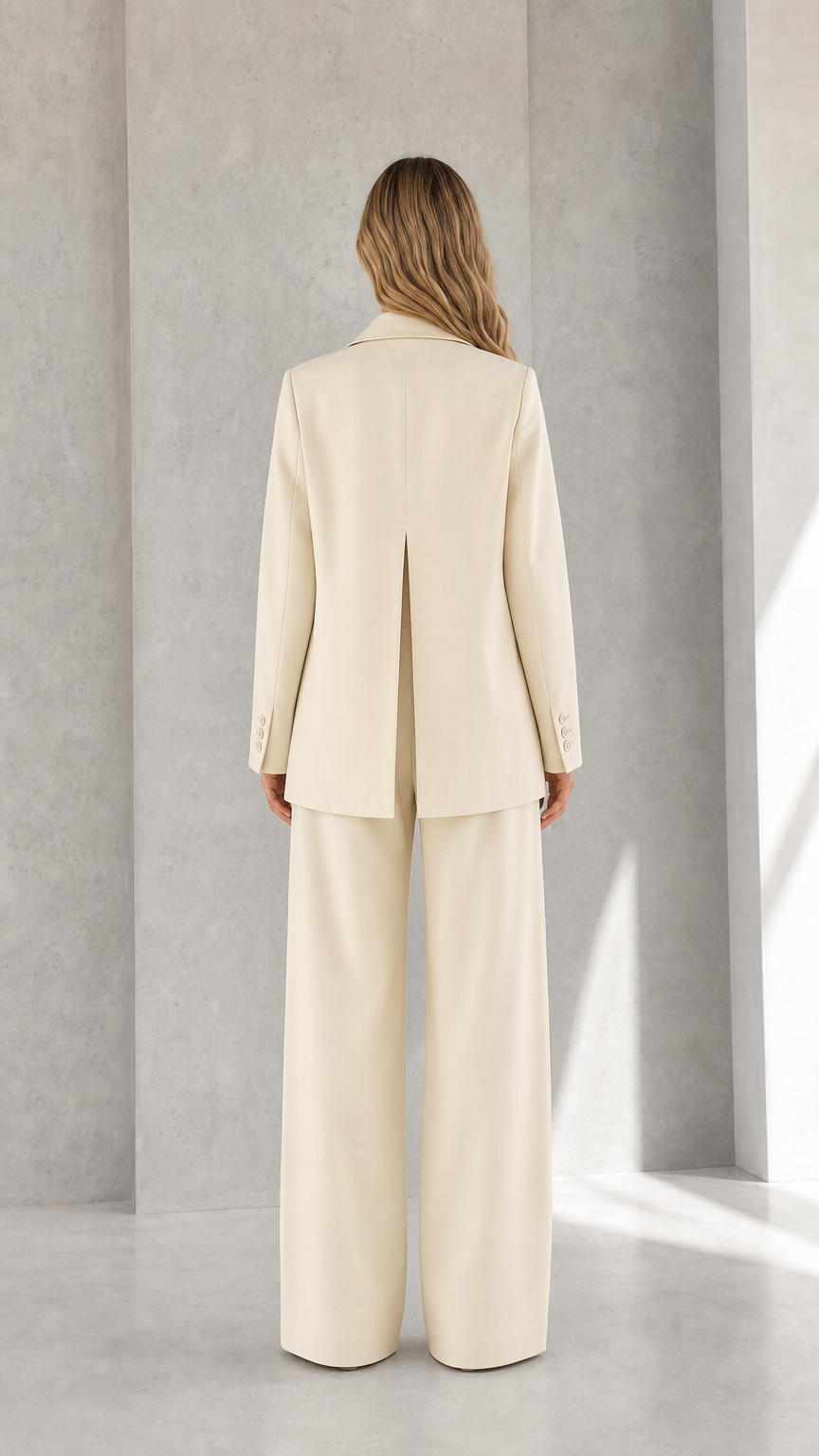 Back view of woman wearing cream blazer and wide-leg pants showing inverted back vent