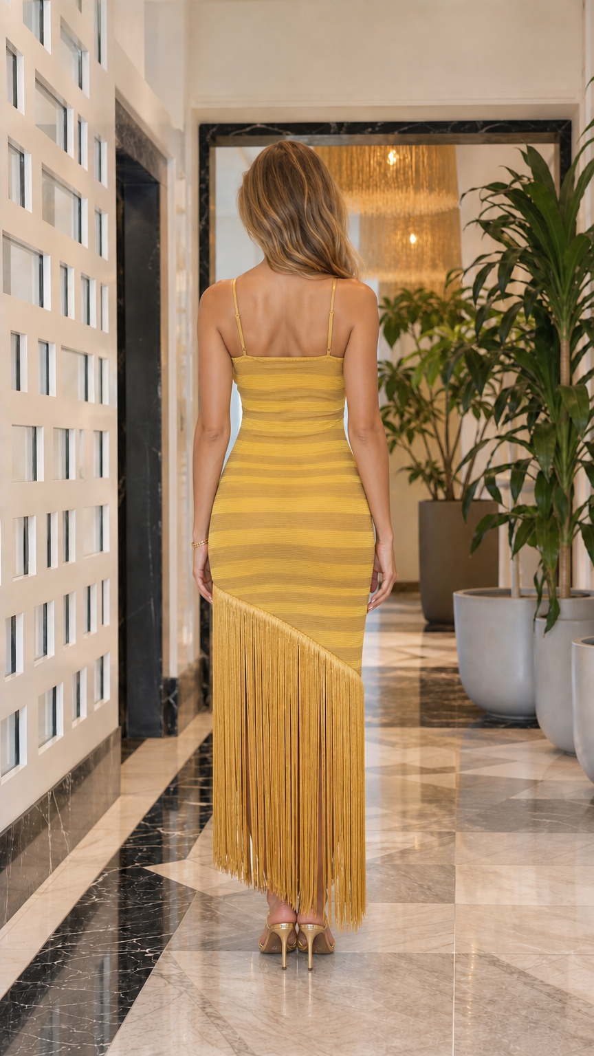 Model wearing Mustard Yellow Fringe Hem Bandage Maxi Dress - Back View