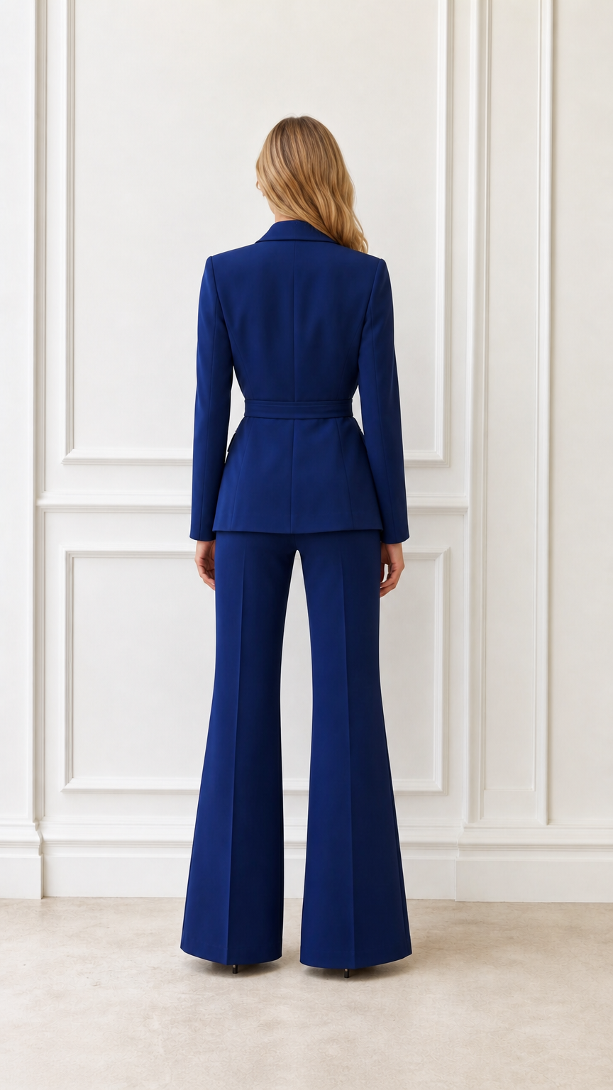 Back view of woman wearing royal blue suit set with flared trousers