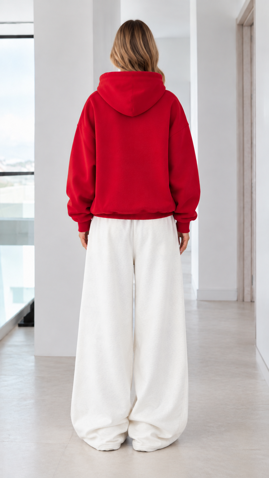 Women's red casual fleece hoodie - back view