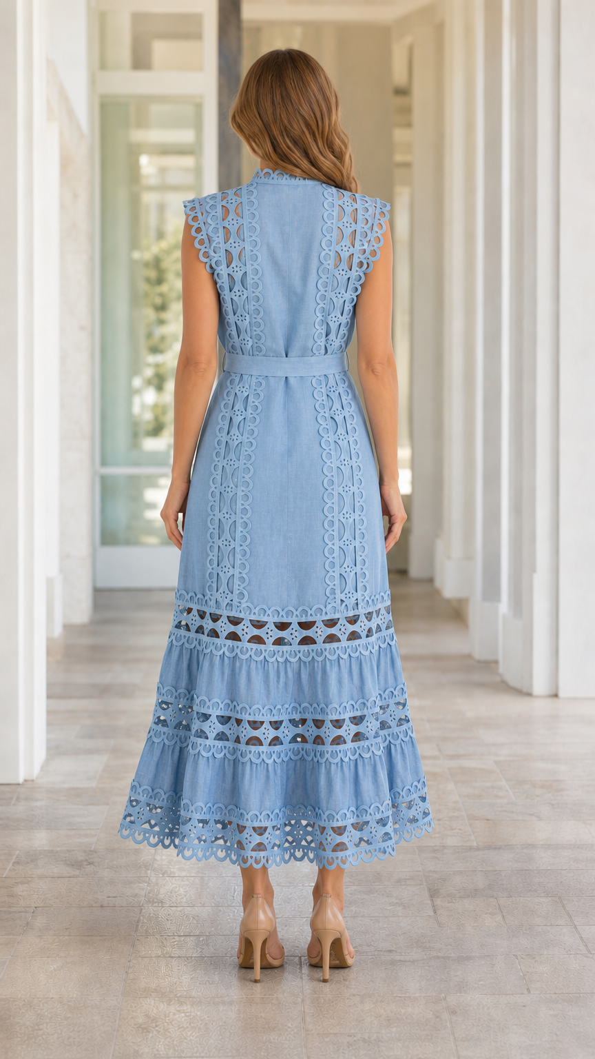 Back view of model wearing Light Blue eyelet lace midi dress