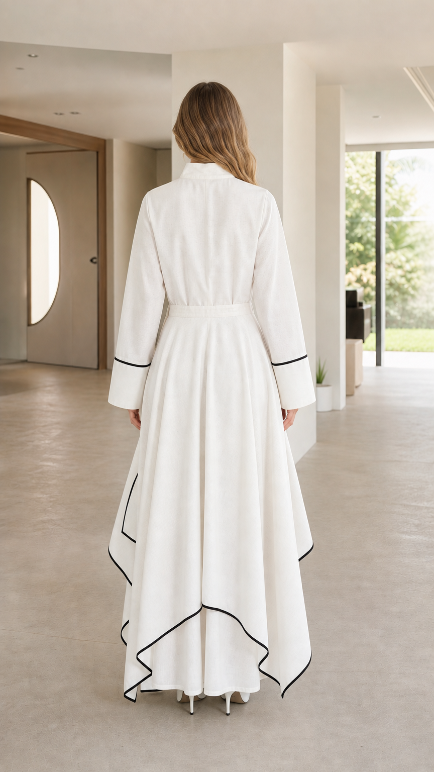 Back view of white maxi dress with flowing asymmetric hemline