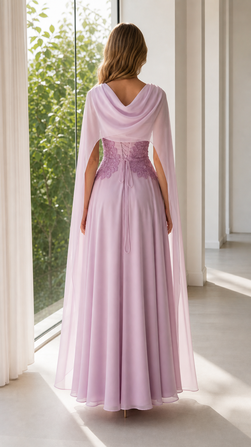 Back view of lilac evening dress showing lace-up corset detail and long cape sleeves