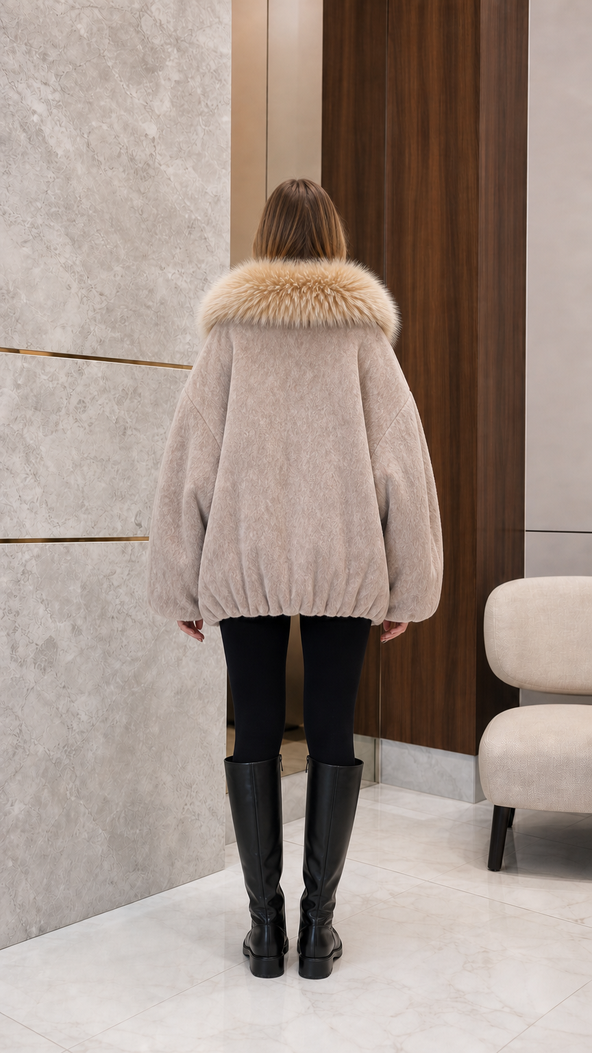 Back view of woman wearing beige fleece cocoon coat showing relaxed bubble hem