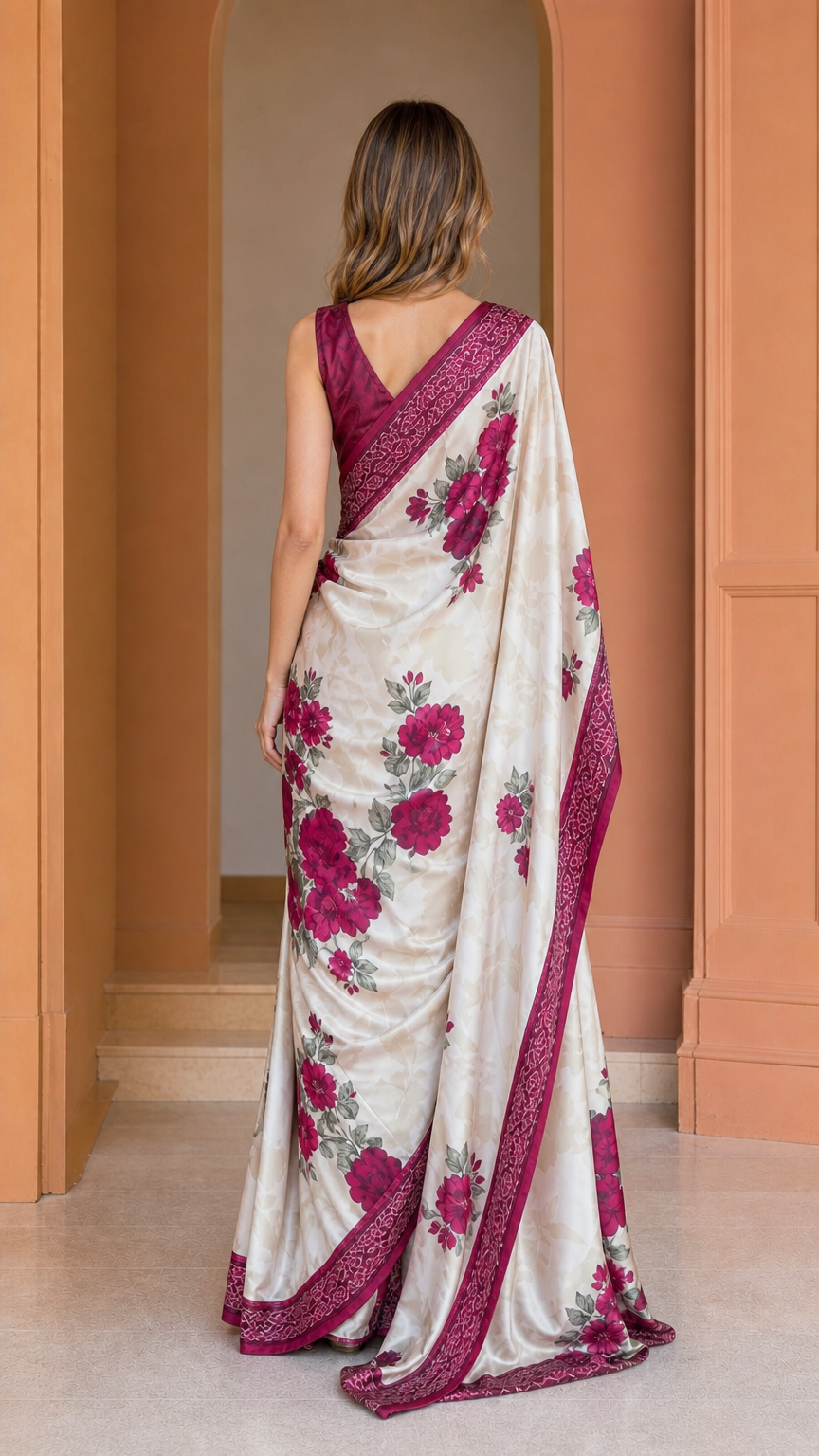 Back view of model wearing cream floral satin saree with deep back blouse