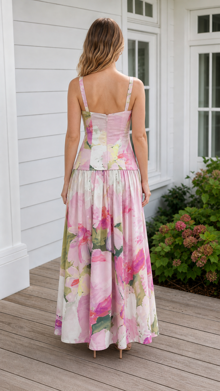 Back view of model in pink floral maxi dress