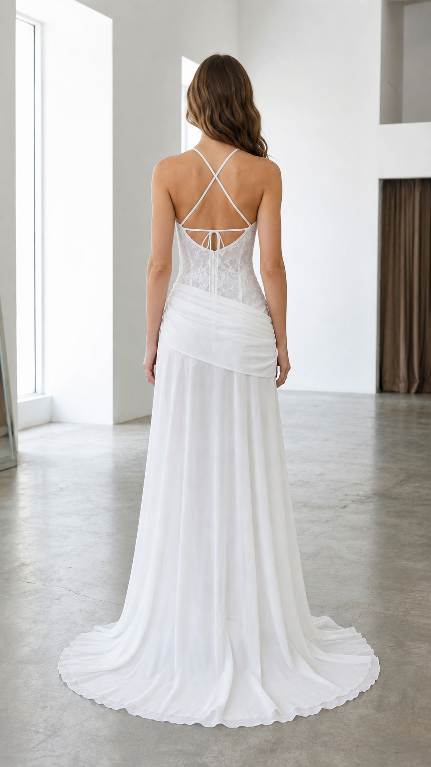 Back view of white lace formal gown showing crisscross strap back detail