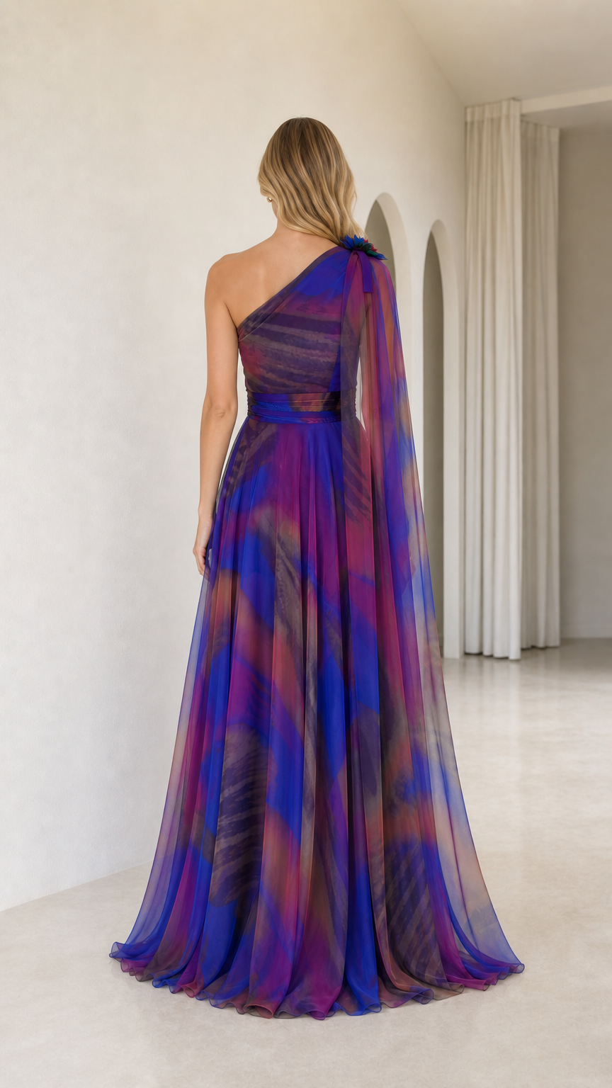 Back view of royal blue one-shoulder maxi dress with draped sheer chiffon cape