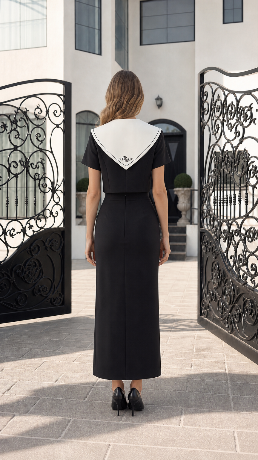 Back view of model in black cropped blazer suit set showing contrast sailor collar back