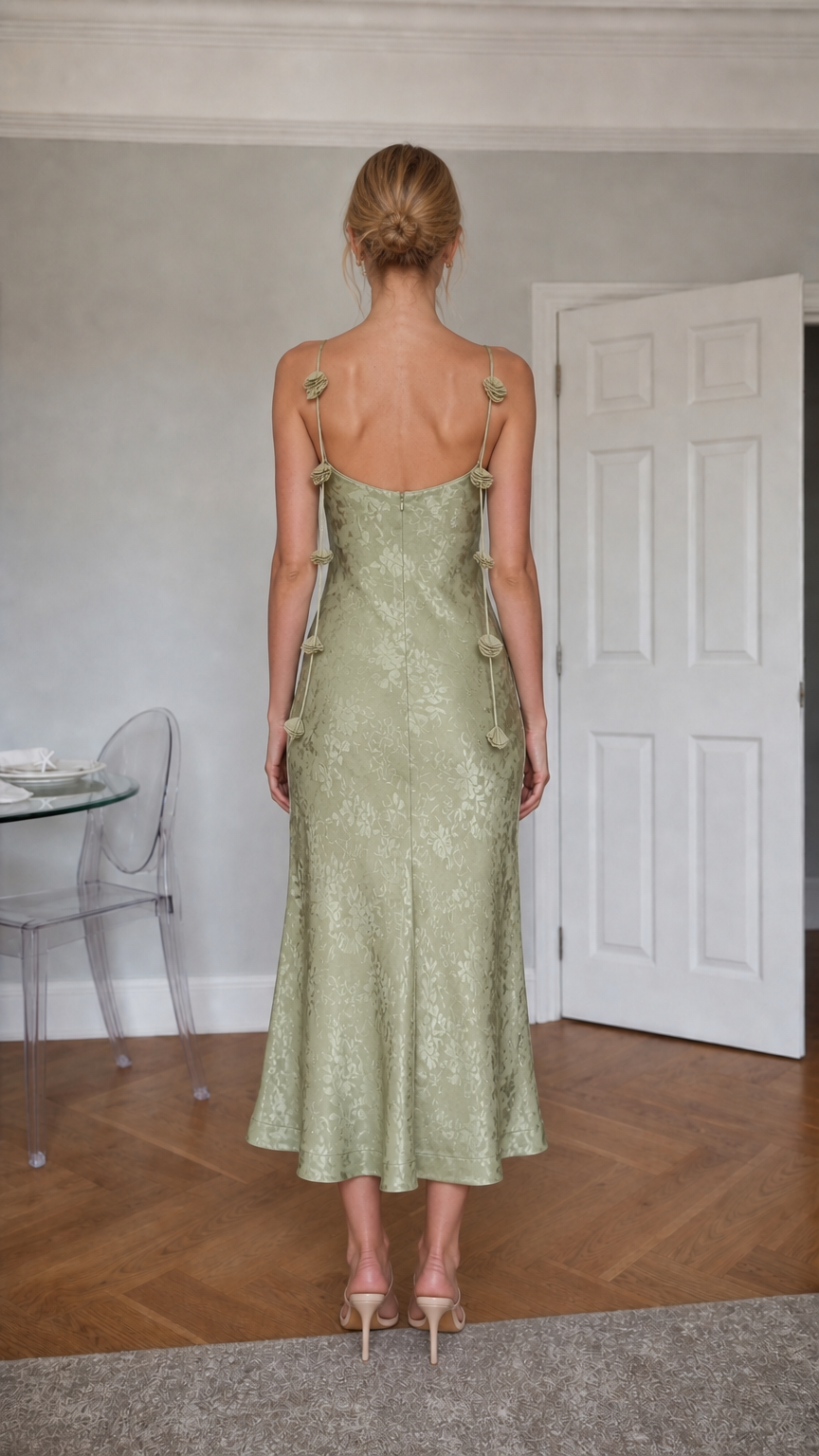 Sage Green satin midi dress back view