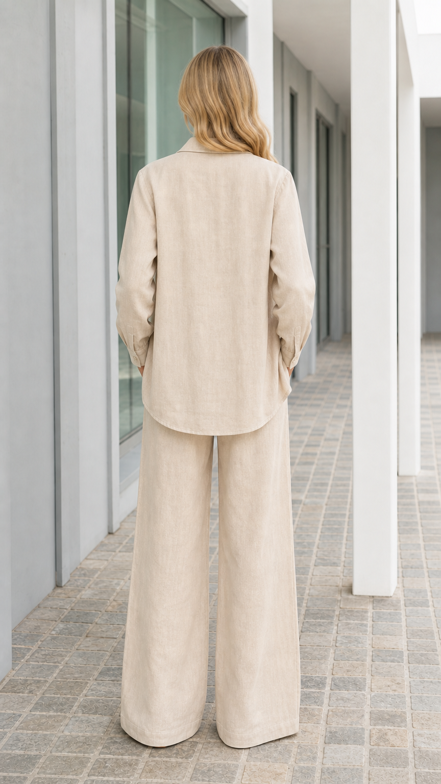 Back view of woman wearing beige linen blend outfit