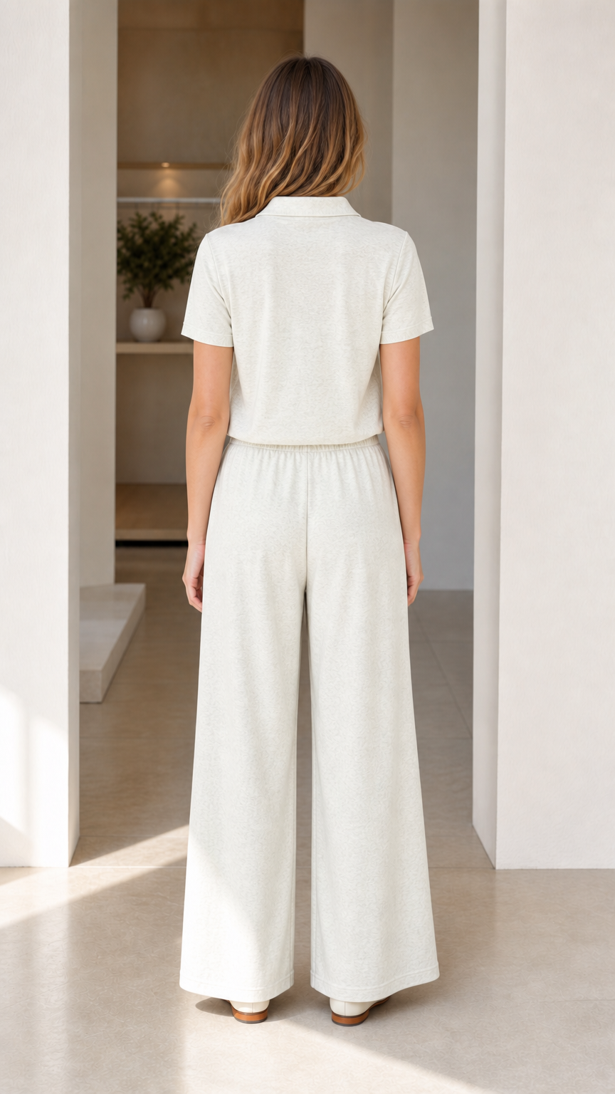 Back view of woman wearing cream knit polo shirt and matching wide-leg pants