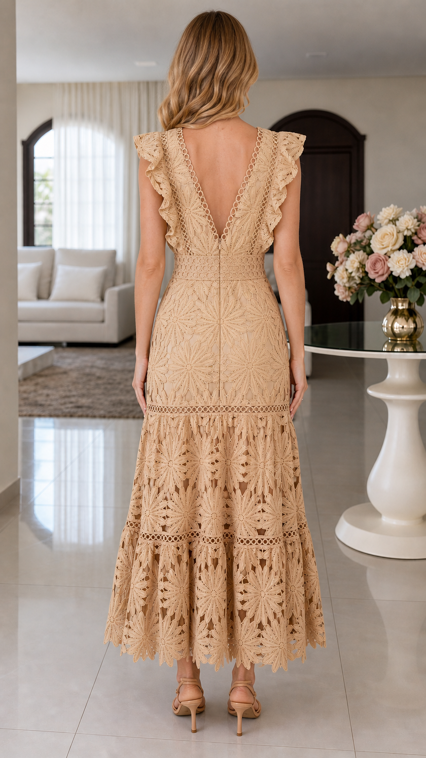Back view of beige lace maxi dress showing deep V-back and ruffle detail