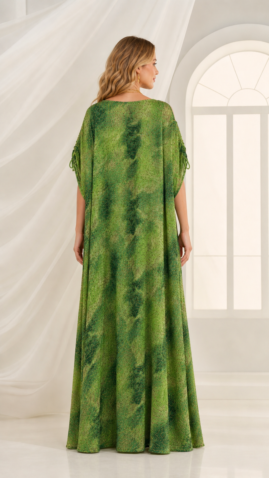 Back view of flowing green print maxi kaftan dress