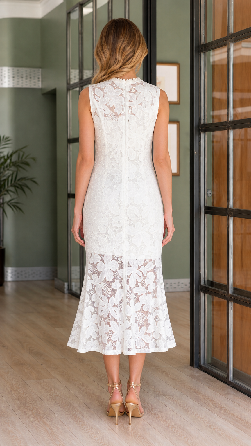 Back view of model wearing white floral lace midi dress with back zipper