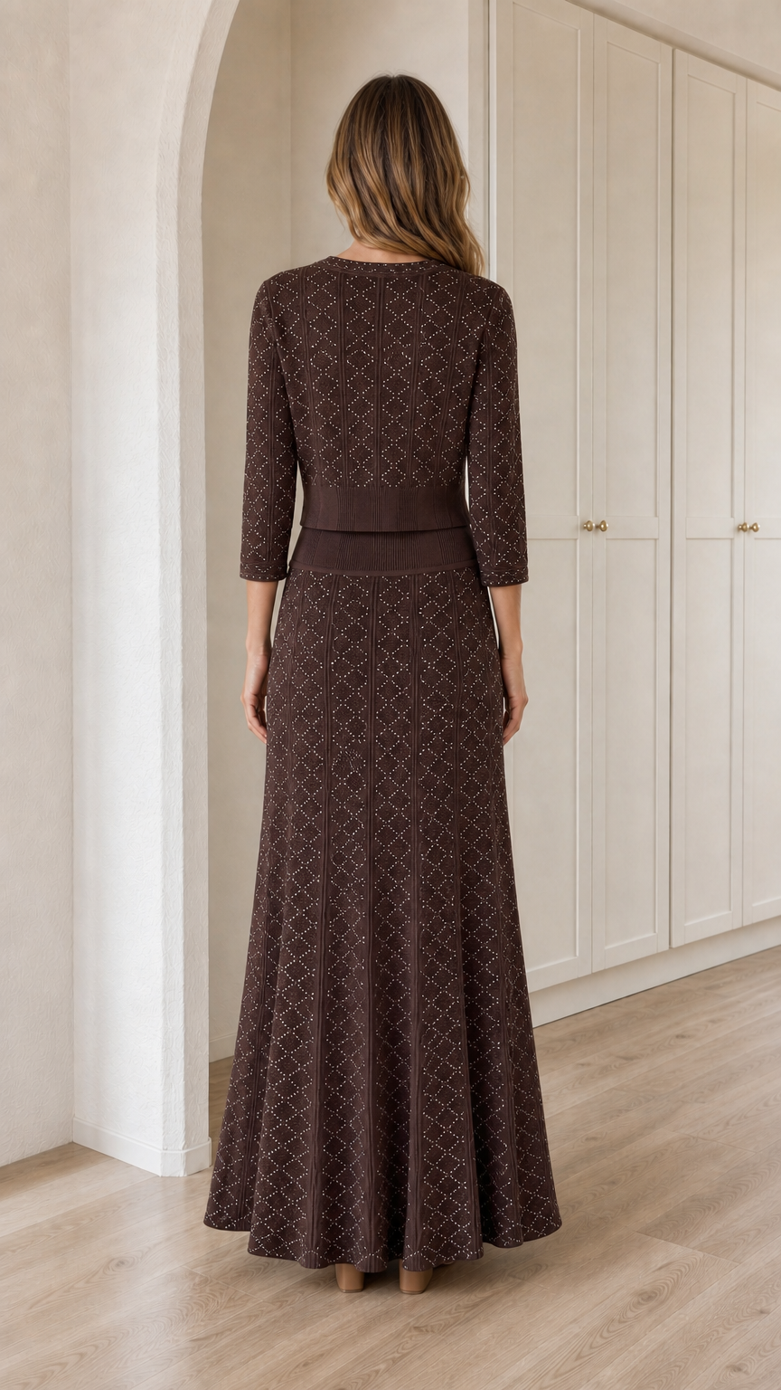 Back view of model wearing Chocolate Brown knit two-piece outfit